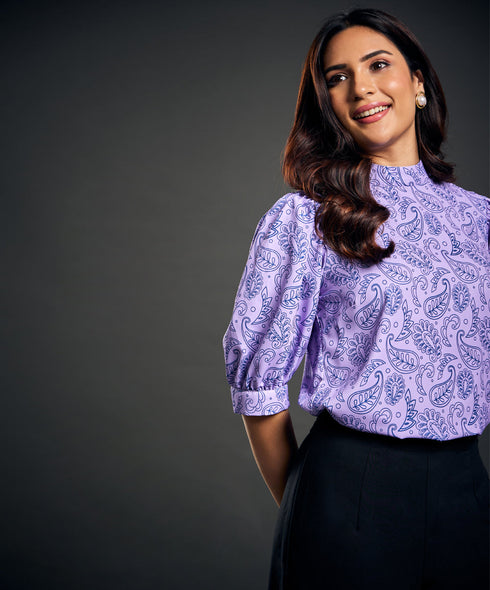 Half Sleeve Collared Paisley Printed Top